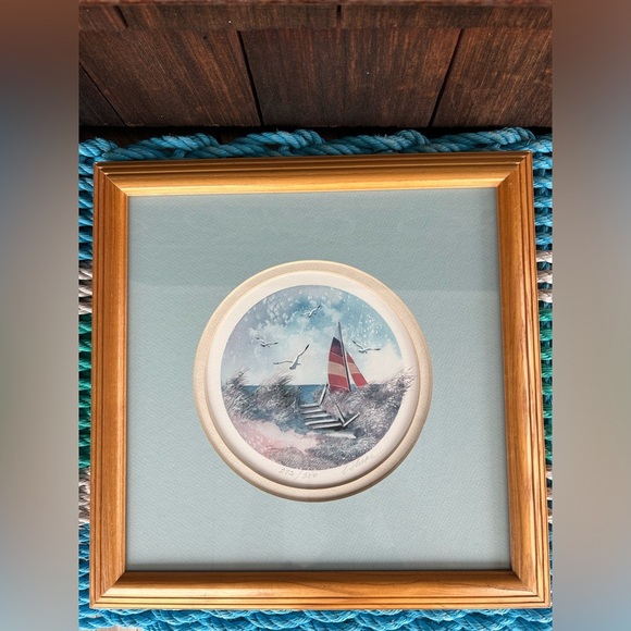 Waters Edge Signed by Irene Shore Framed Nautical Lithograph with Sailboat. - Picture 7 of 7